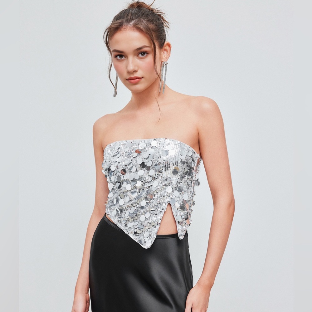 Cider Asymmetric Full Sequin Strapless‎ Party Top size L